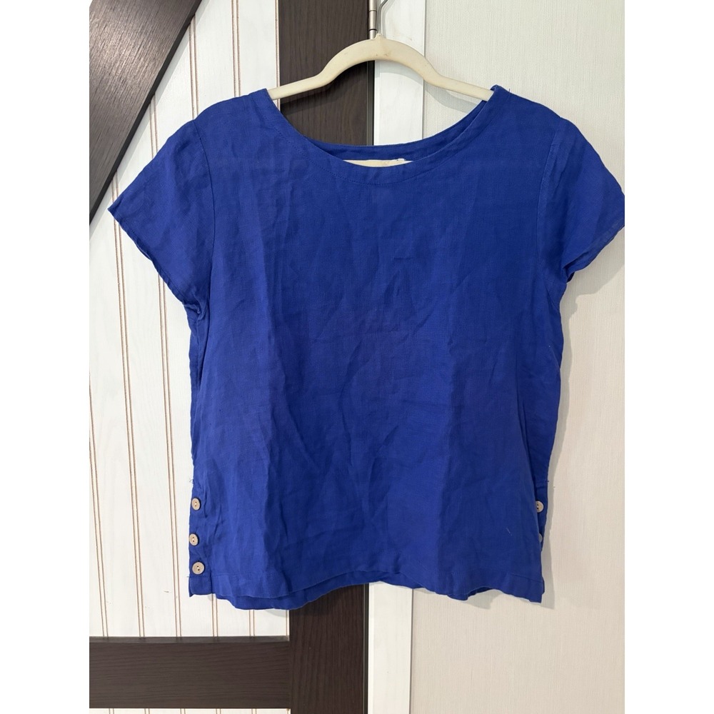 Cynthia Rowley Women Royal Blue 100% Linen Short Sleeve Button Blouse Medium